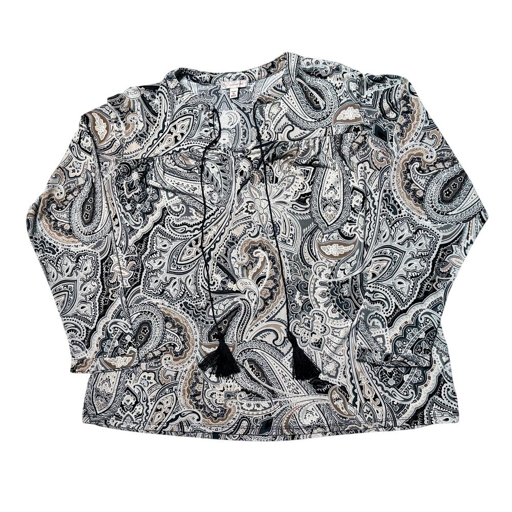 Established 1962 Paisley Tassel Peasant Top 1X Boho Long Sleeve Tunic Blouse